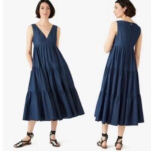 Kate Spade Deep Blue Midi Vineyard dress denim zip back tiered a line size 14